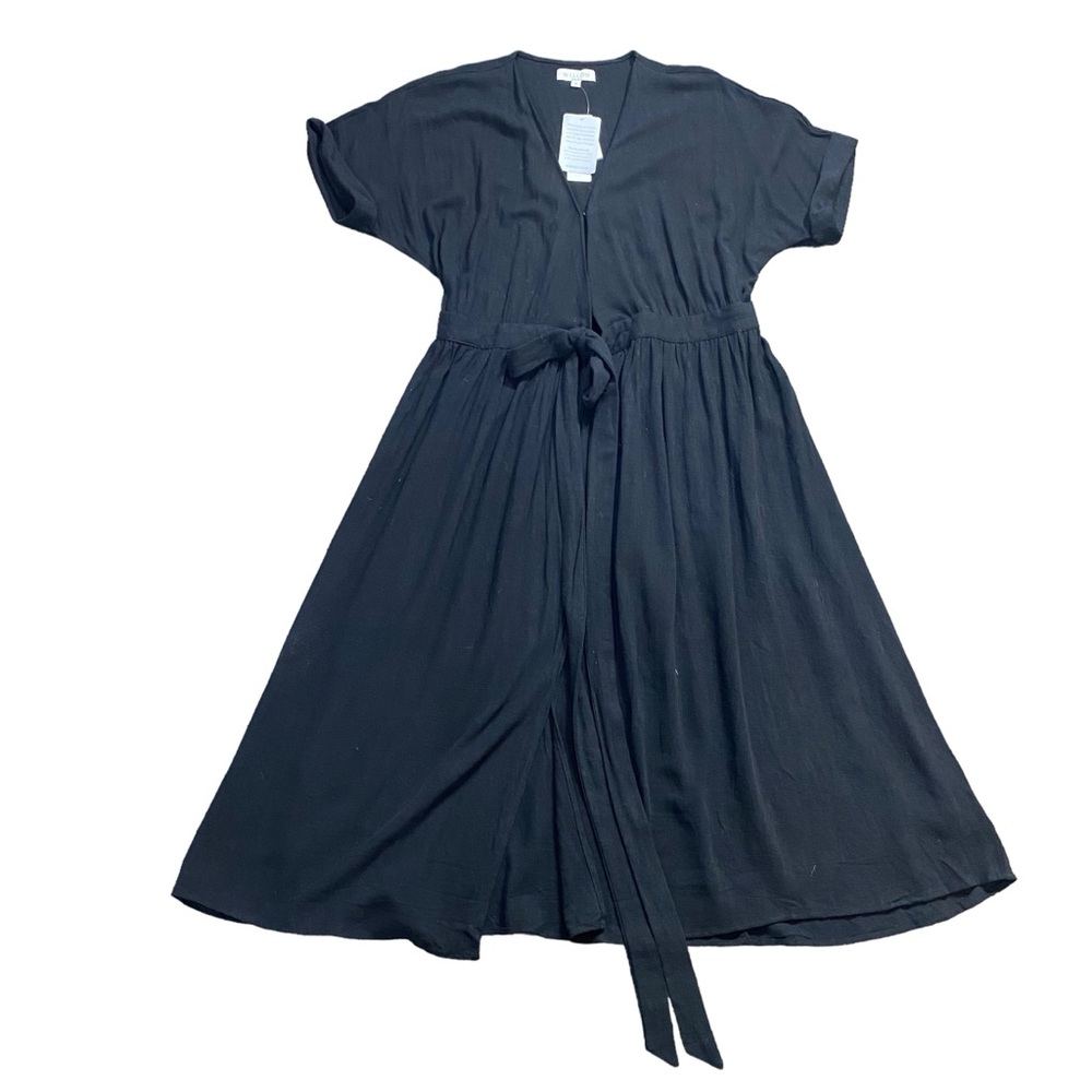WILLOW Anthropologie Womens Wrap Dress Midi Black short Sleeve Size M Linen NEW - Picture 7 of 15